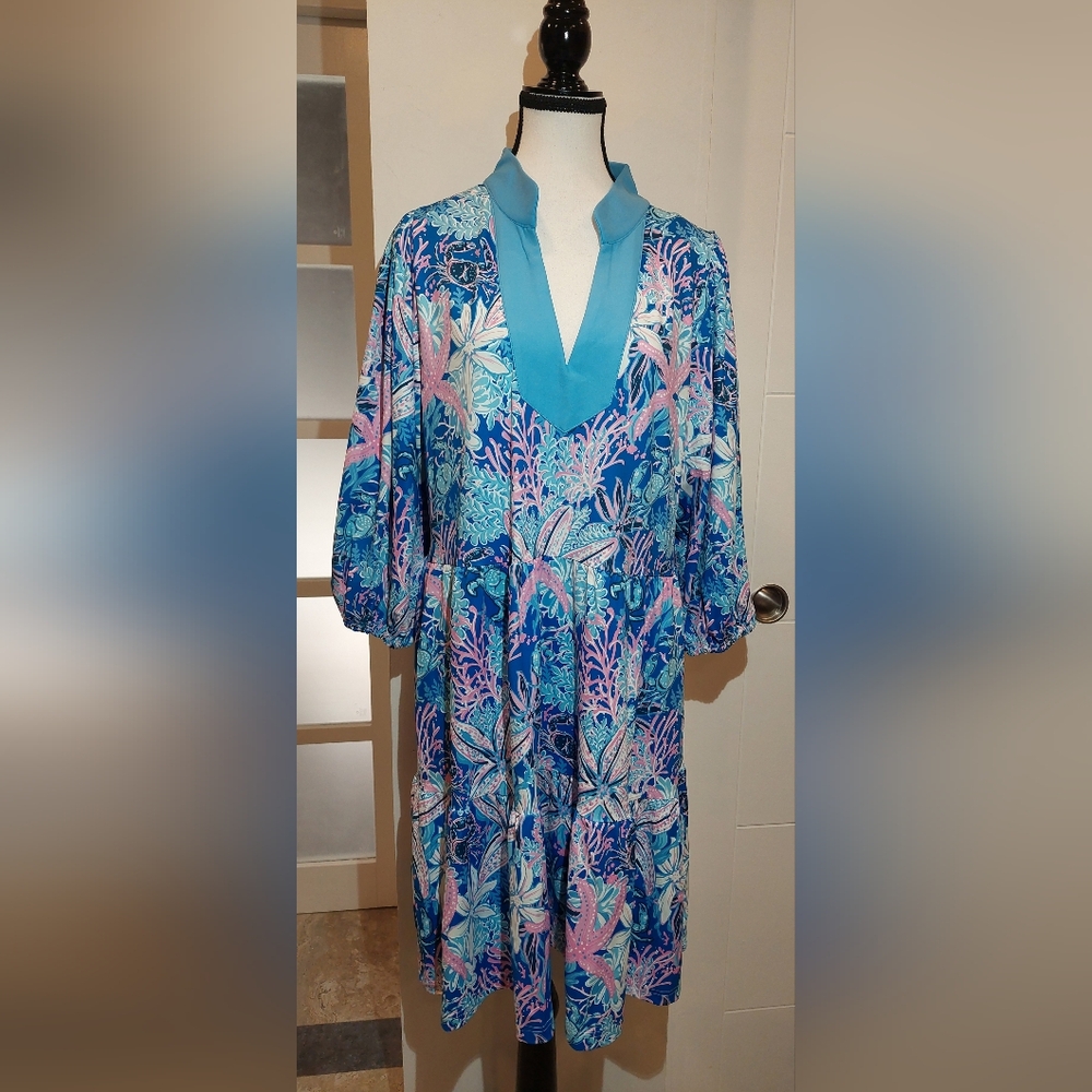 Simply Southern Blue Pink Aqua Tropical V-Neck Tunic Coverup